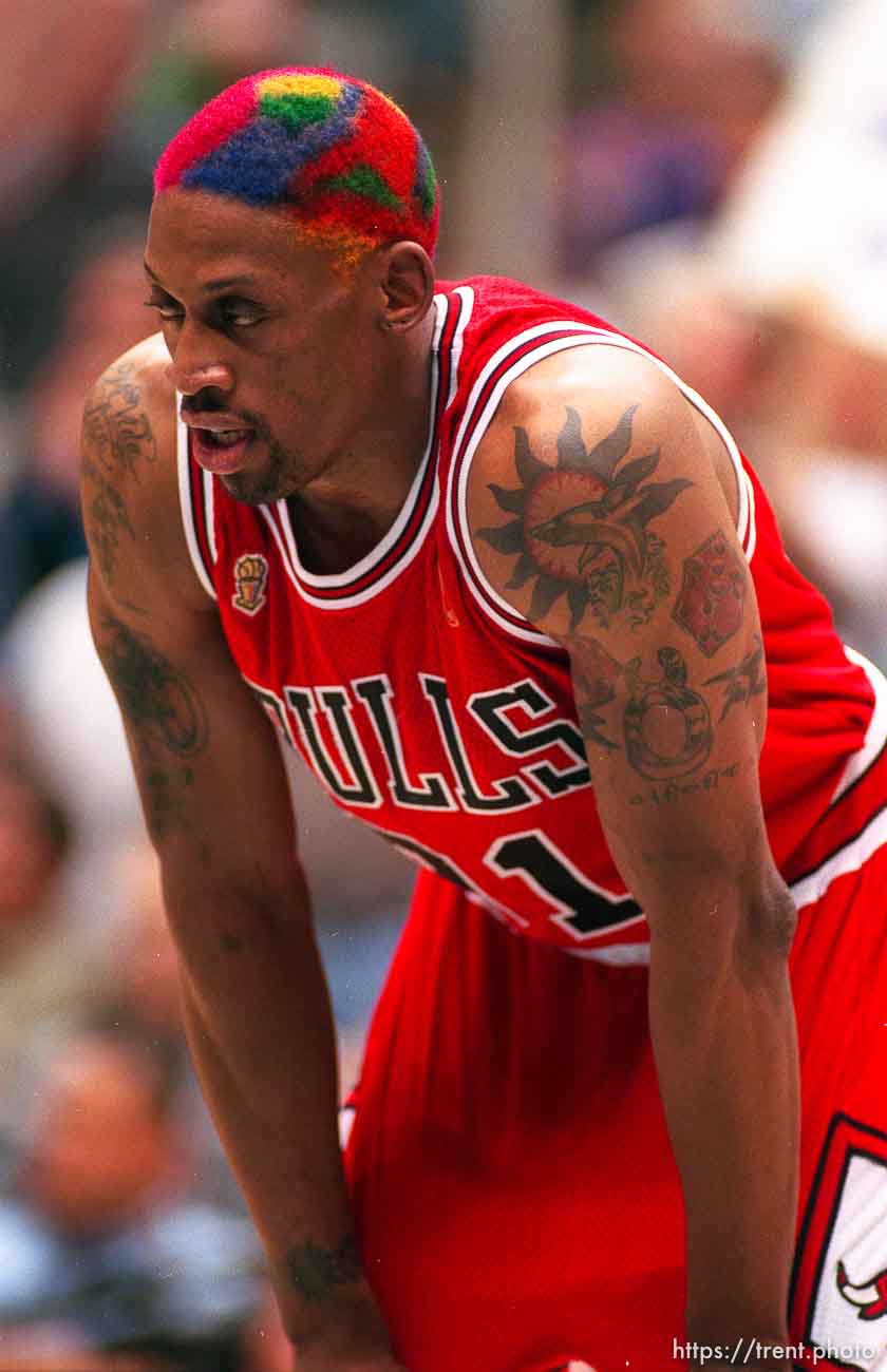 Chicago's Dennis Rodman at the NBA Finals Game three, Utah Jazz vs Chicago Bulls.