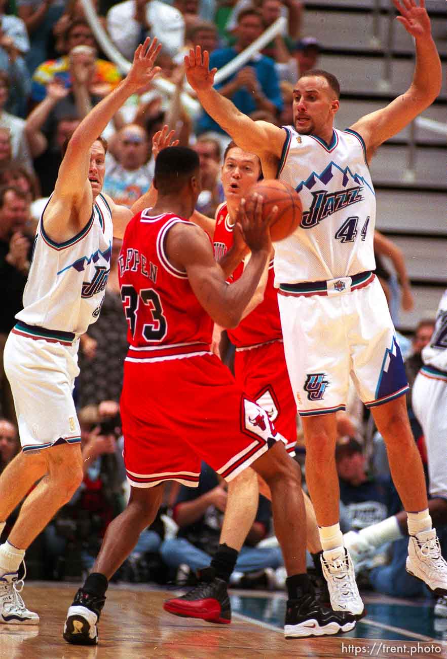 Utah's Adam Keefe and Greg Foster defend Scottie Pippen at the NBA Finals Game three, Utah Jazz vs Chicago Bulls.