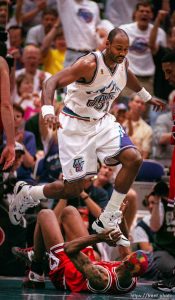 NBA Finals game 3, Utah Jazz vs. Chicago Bulls. karl malone steps on dennis rodman