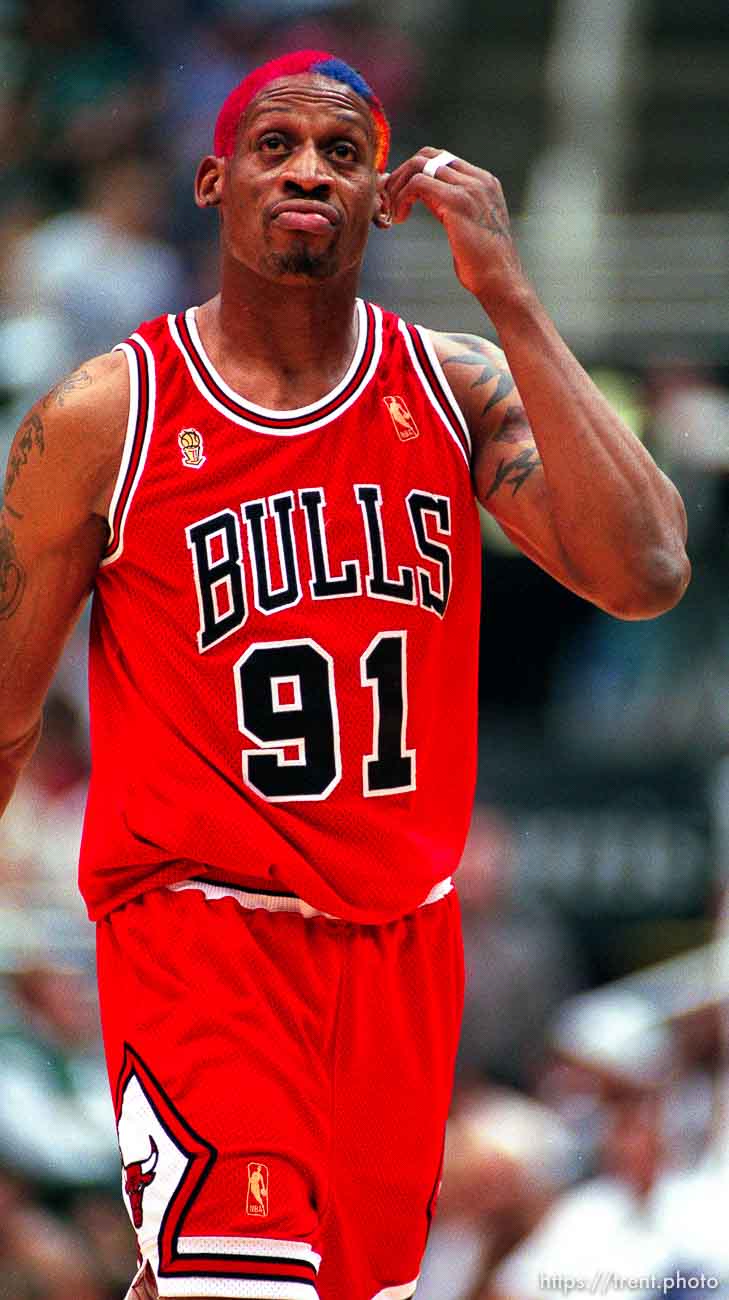 Chicago's Dennis Rodman at the NBA Finals Game four, Utah Jazz vs Chicago Bulls.