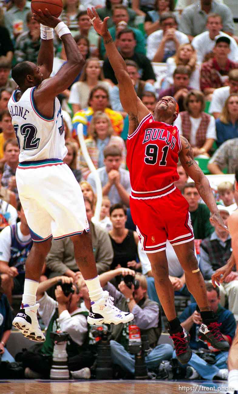 Utah's Karl Malone shoots a fadeaway jumper over Chicago's Dennis Rodman at the NBA Finals Game four, Utah Jazz vs Chicago Bulls.