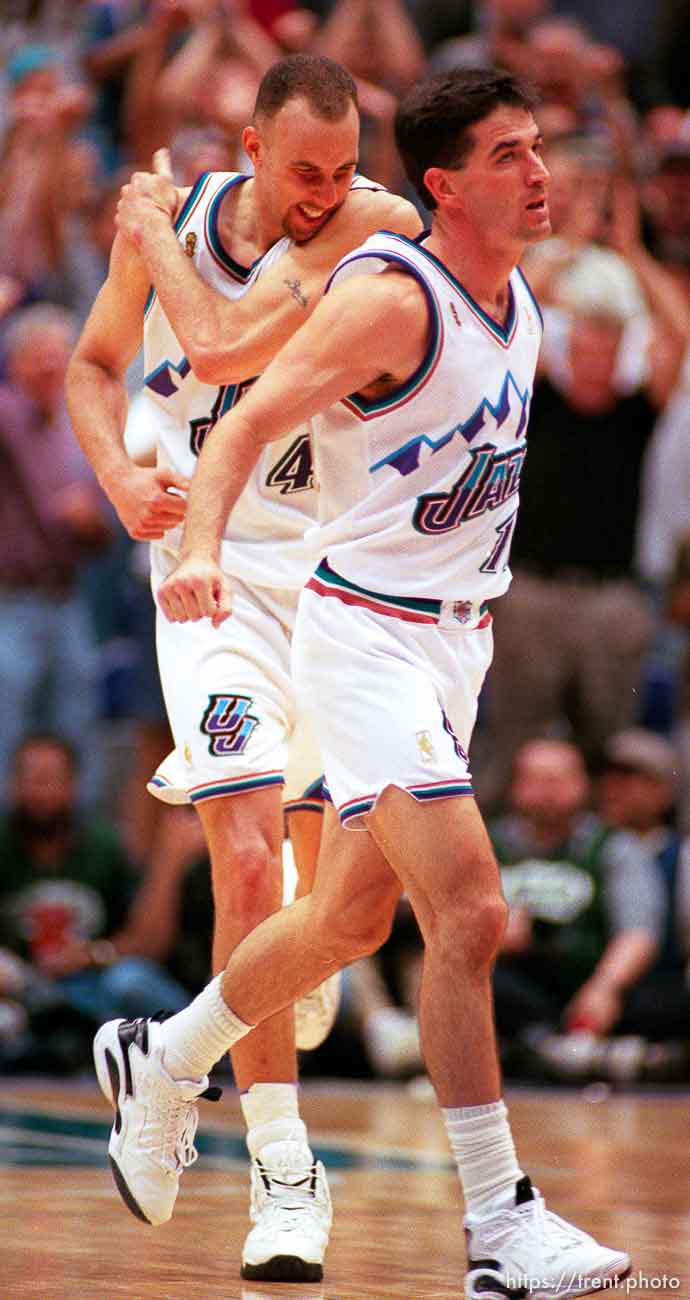 Utah's Greg Foster (rear) and John Stockton at the NBA Finals Game four, Utah Jazz vs Chicago Bulls.