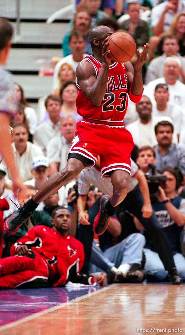 Chicago's Michael Jordan saves a ball from out-of-bounds at the NBA Finals Game four, Utah Jazz vs Chicago Bulls.