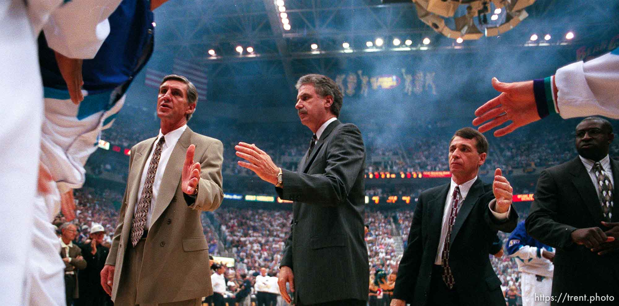 Utah coaches Jerry Sloan, Phil Johnson, Gordon Chiesa and ?? at the NBA Finals Game four, Utah Jazz vs Chicago Bulls.