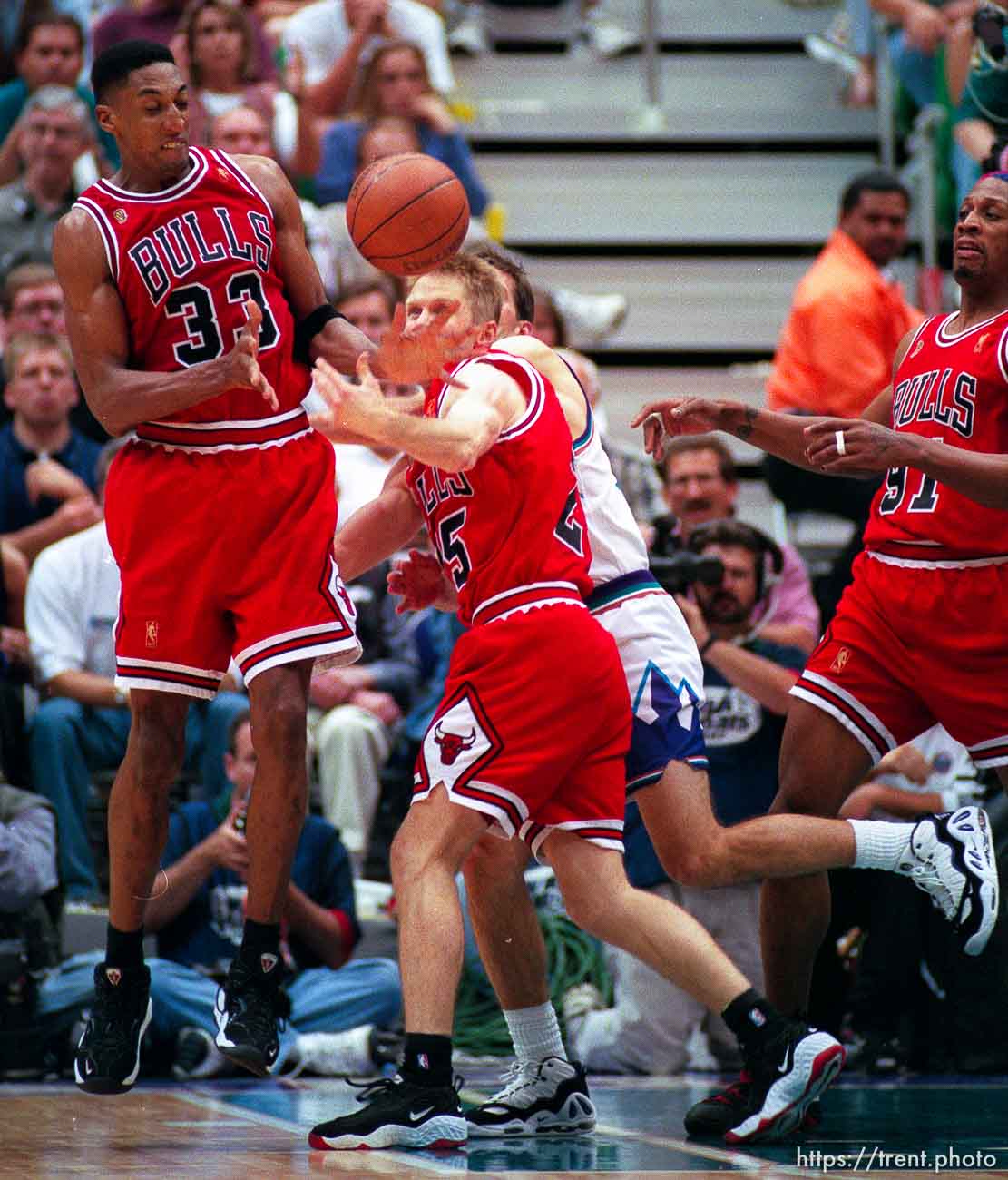 Chicago's Scottie Pippen, Steve Kerr, Dennis Rodman at the NBA Finals Game four, Utah Jazz vs Chicago Bulls.