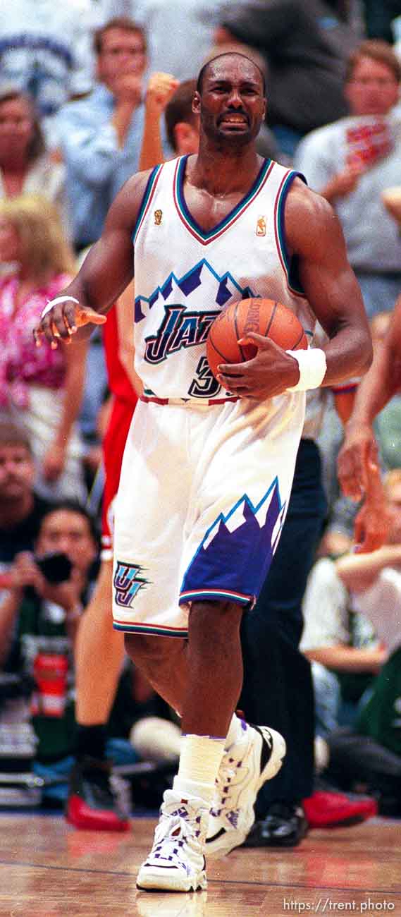 Utah's Karl Malone grimacing at the NBA Finals Game four, Utah Jazz vs Chicago Bulls.