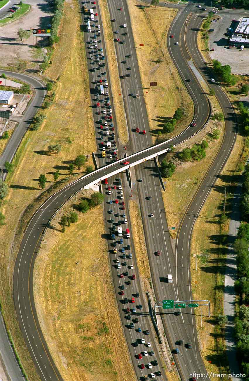 Northbound stop-and-go traffic on I-15 shot from the air.