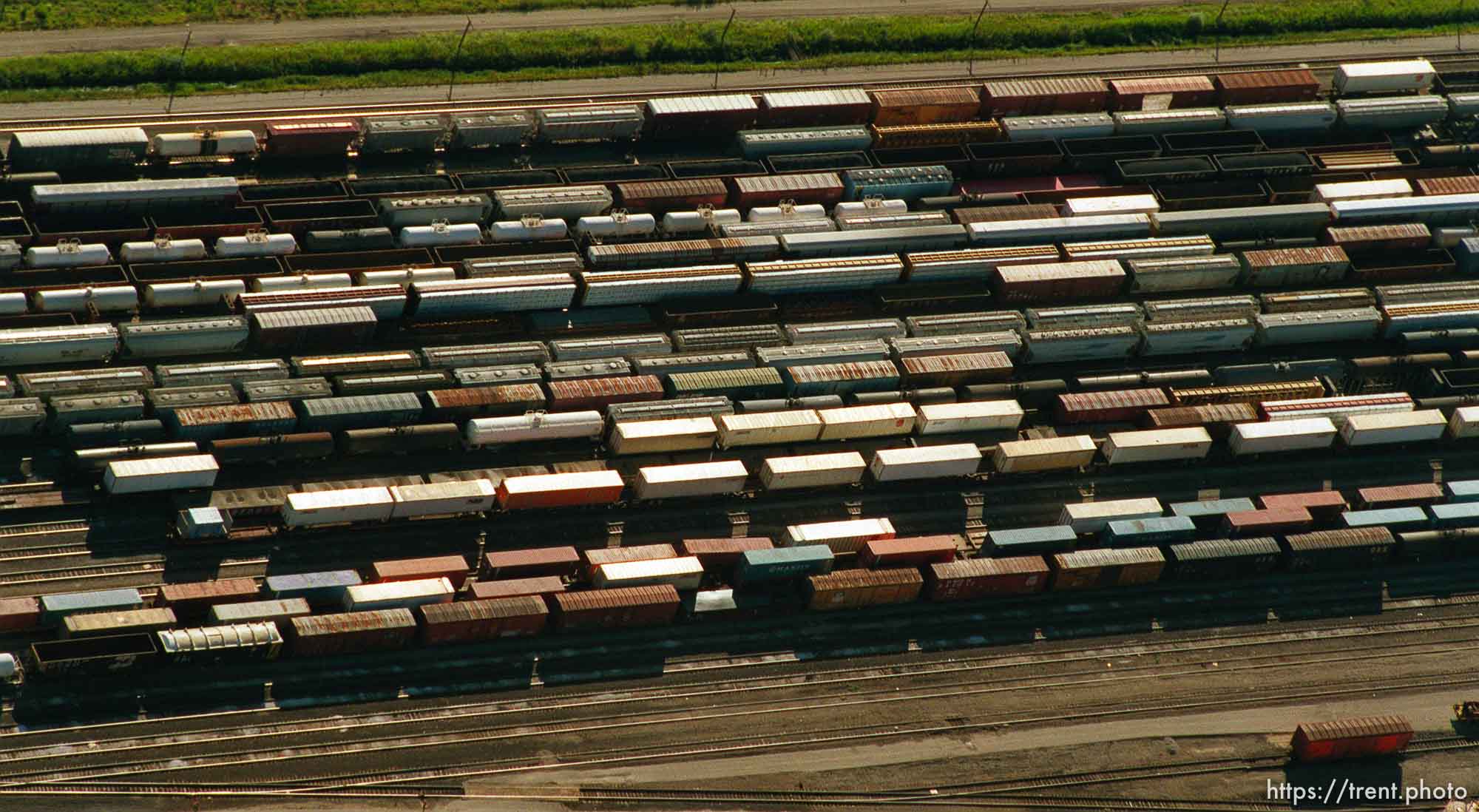 Train railroad yard shot from the air.