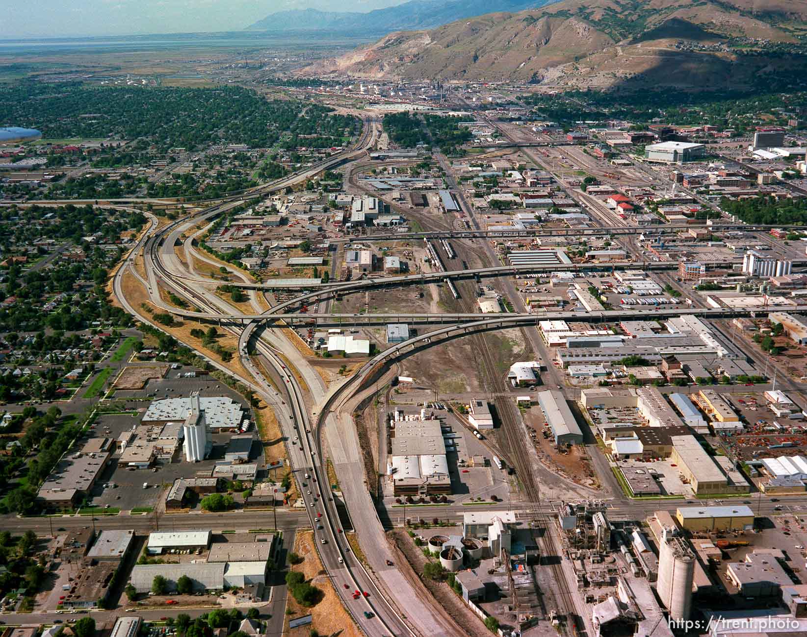 I-15 interchanges leading into downtown Salt Lake City shot from the air.