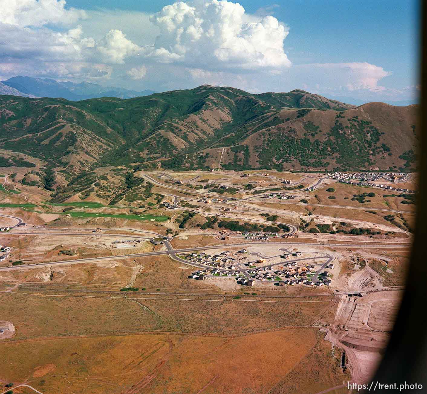 Homes being built along South Mountain shot from the air.