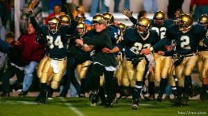 Skyline sideline erupts after a game-winning touchdown in double-overtime at Skyline vs. Alta 5A semifinals game.