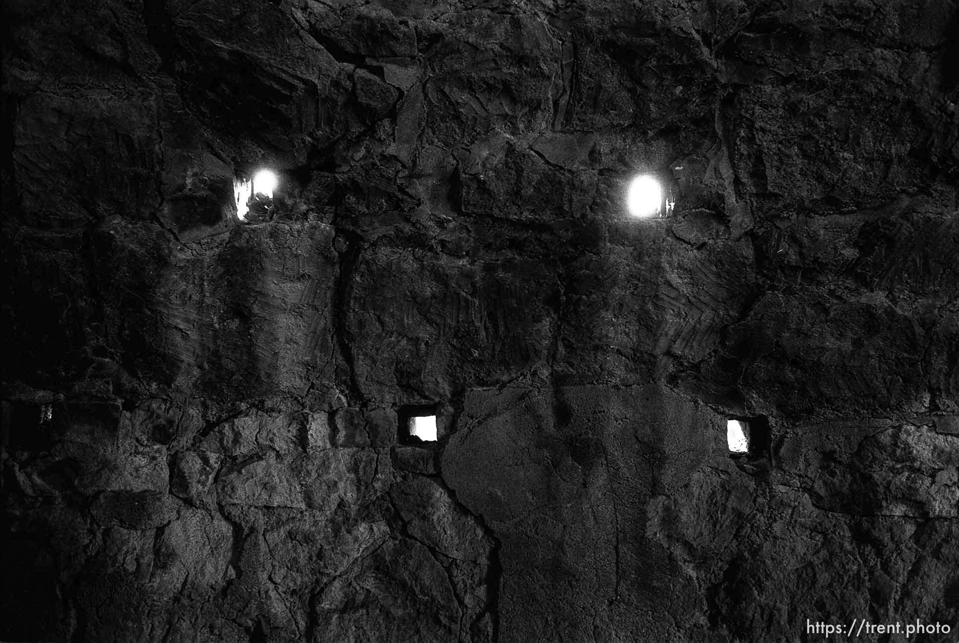 Tiny windows inside a beehive shaped building. Ruins of Old Irontown.