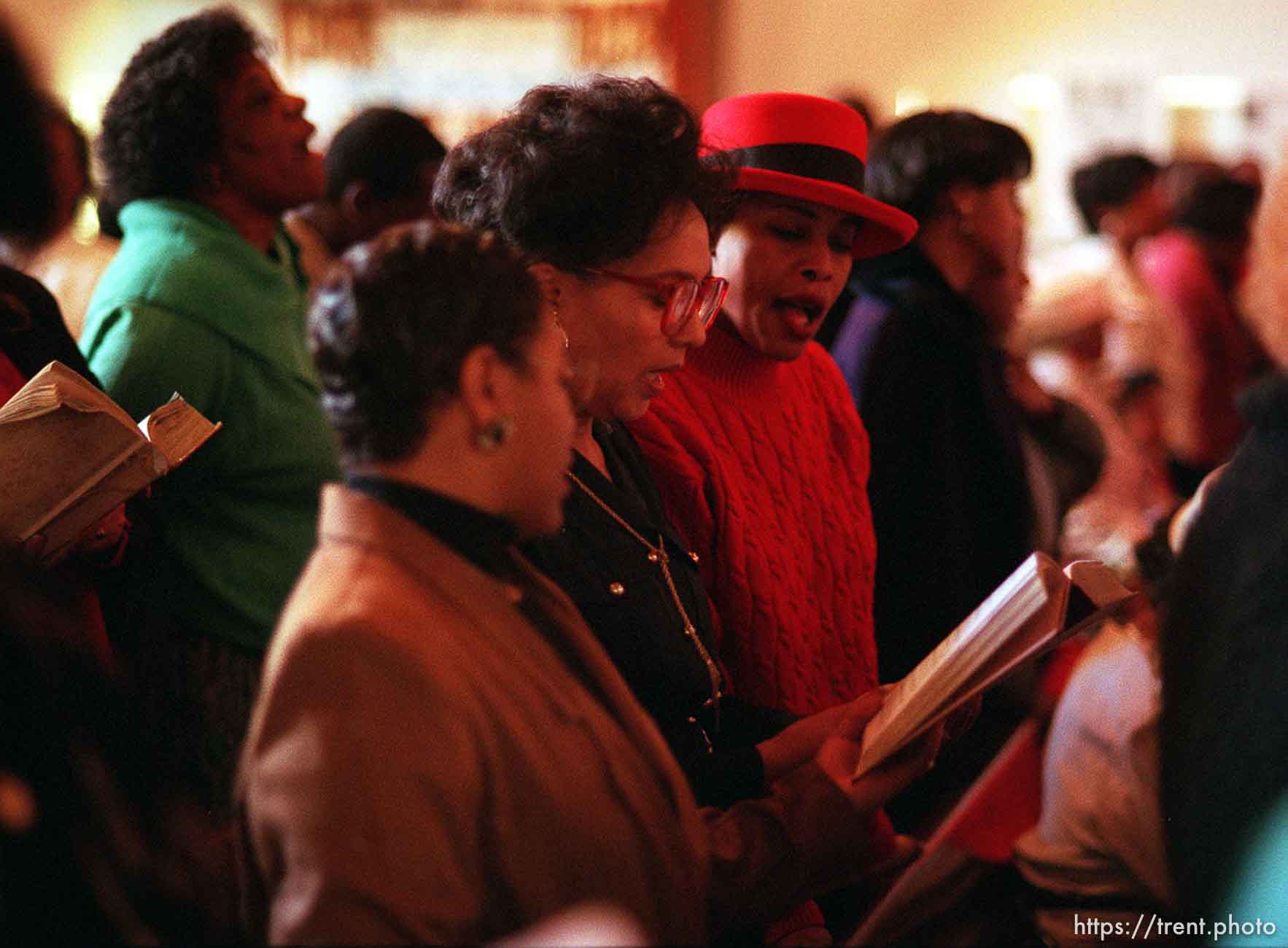 Parishoners sing hymns during Sunday services at the Calvary Baptist Church.