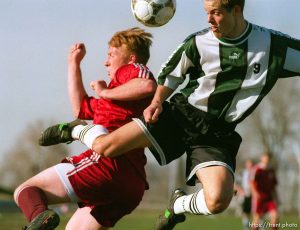 Hillcrest's James Crowley (9, right) goes after the ball against a Mountain View defender at Mountain View HS at Hillcrest HS soccer.