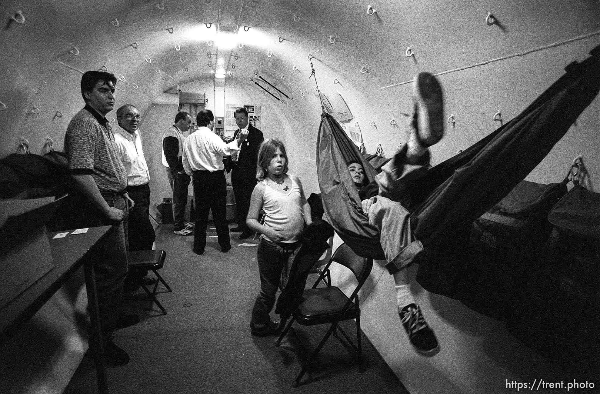 People in a bomb shelter at the Emergency Preparedness Expo at the Salt Palace Convention Center.