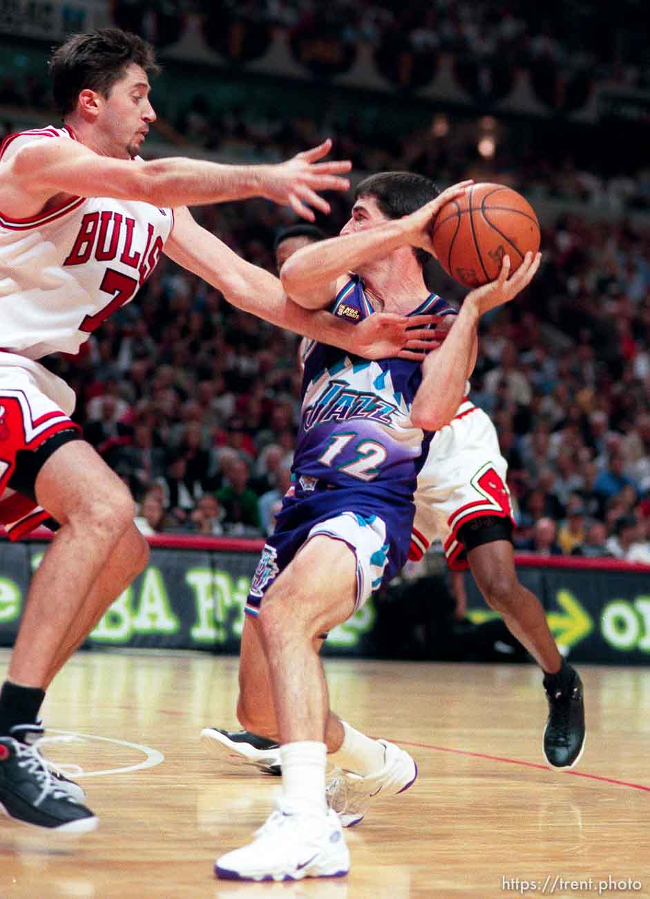 Toni Kukoc defends John Stockton at Jazz vs. Bulls, game 5 of the NBA Finals. Jazz won