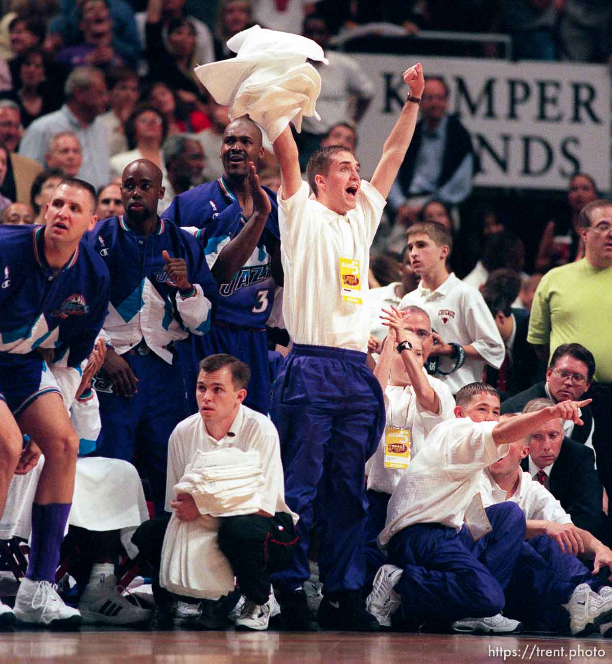 Jazz bench celebrates win at Jazz vs. Bulls, game 5 of the NBA Finals. Jazz won