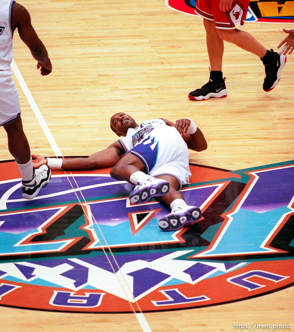 Karl Malone on the floor at Jazz vs. Bulls, game 6 of the NBA Finals. Bulls won