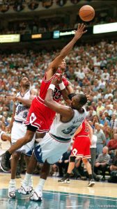 Scottie Pippen shoots over Karl Malone at Jazz vs. Bulls, game 1 of the NBA Finals. Jazz won