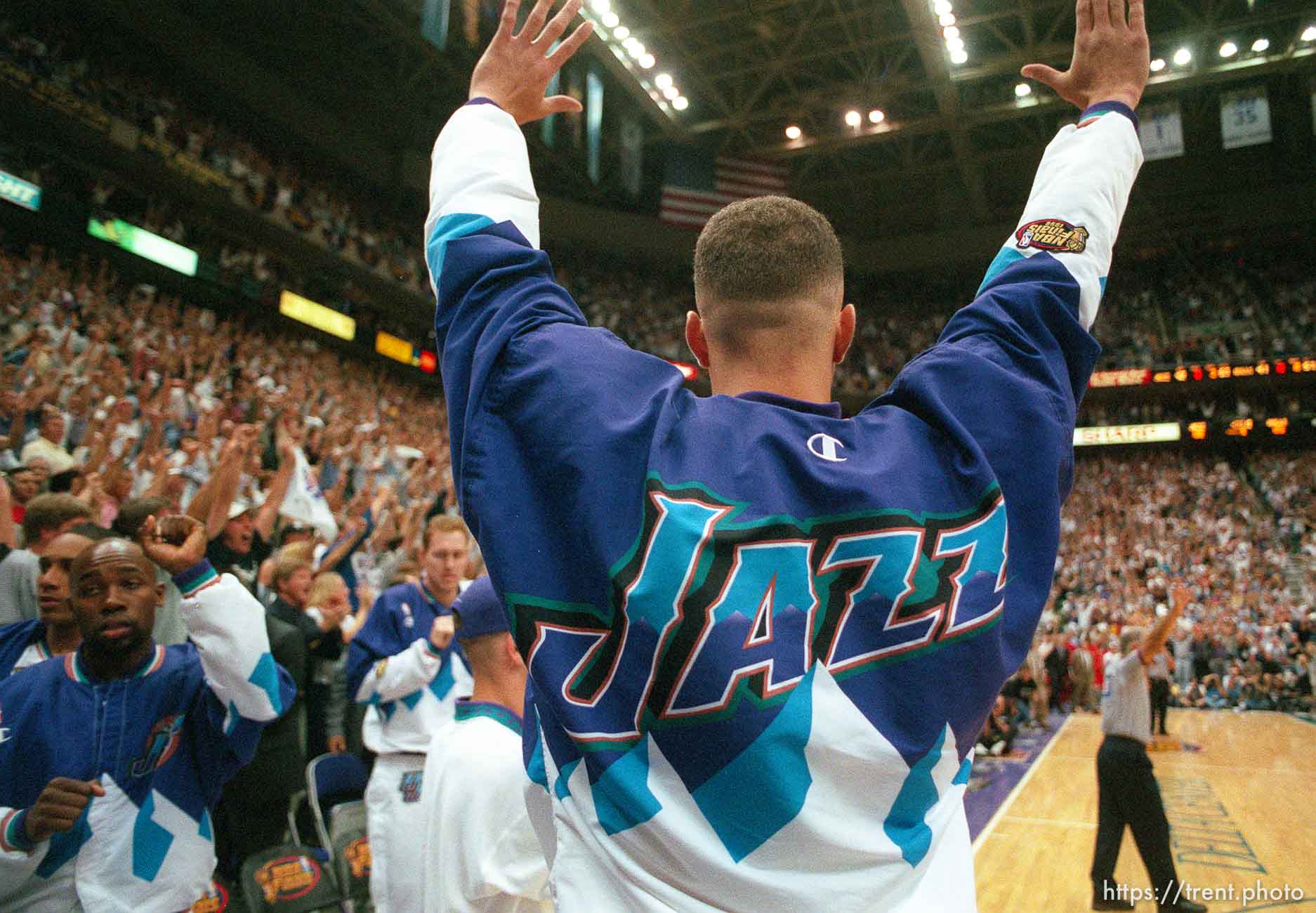 Greg Foster celebrates victory at Jazz vs. Bulls, game 1 of the NBA Finals. Jazz won