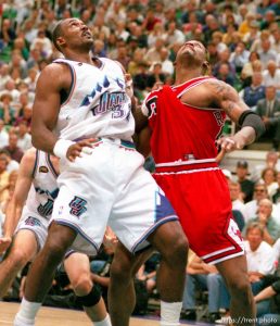 Karl Malone tangles with Dennis Rodman at Jazz vs. Bulls, game 1 of the NBA Finals. Jazz won