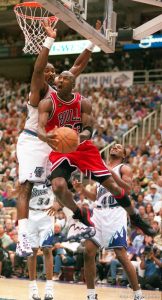 Michael Jordan drives against Karl Malone at Jazz vs. Bulls, game 1 of the NBA Finals. Jazz won