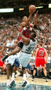 Scottie Pippen shoots over Karl Malone at Jazz vs. Bulls, game 1 of the NBA Finals. Jazz won