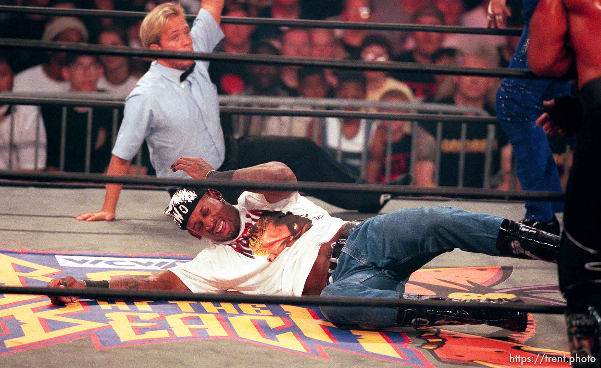 Dennis Rodman hits the mat at WCW's Bash at the Beach.