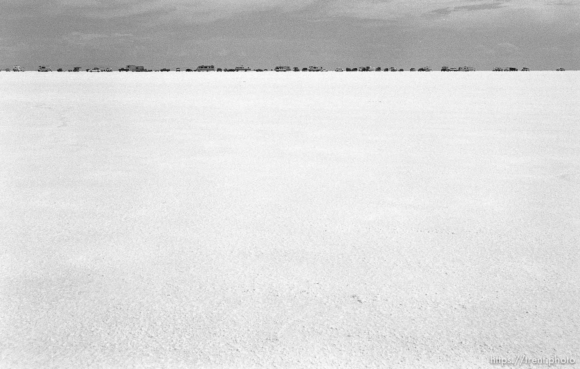 Cars and RV's lined up at the Bonneville Salt Flats to watch Speed Week.