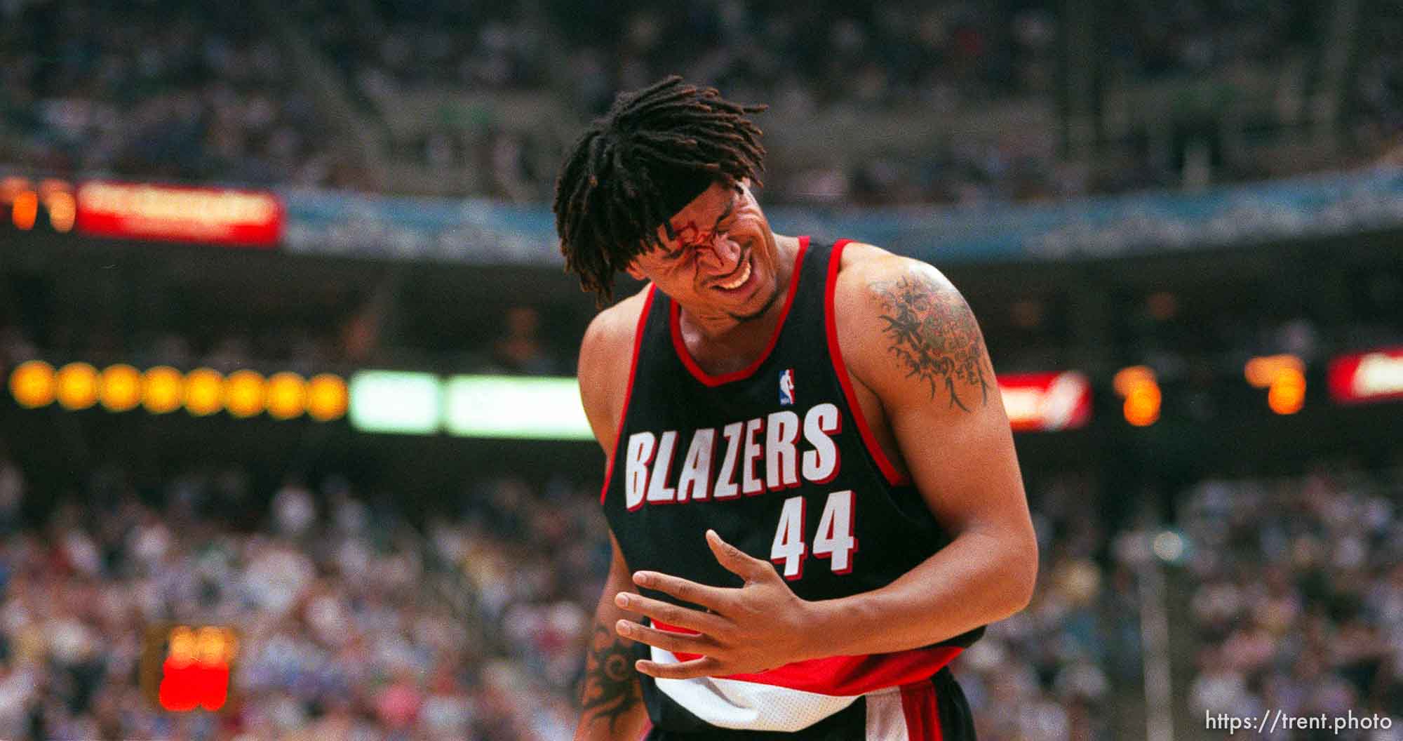 Brian Grant bleeds after taking a Karl Malone elbow to the face at Jazz vs. Portland TrailBlazers, game five, NBA playoffs, second round. Jazz won