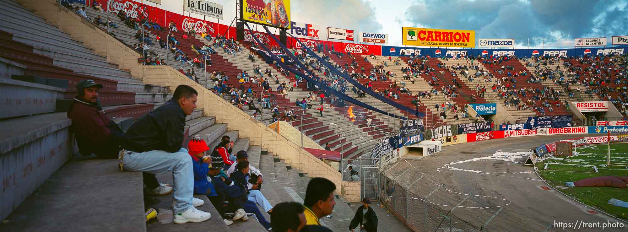 Fire in the stands at Montagua vs. Federal soccer at the National Stadium.