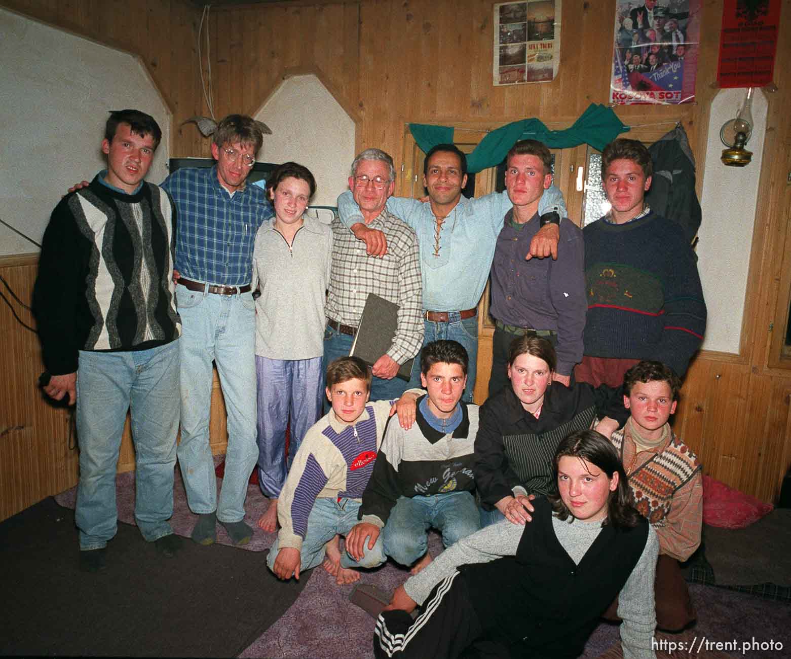 Group shot with family, Brent Israelsen, and Ed Knowles at traditional dinner with the Hoxha family.