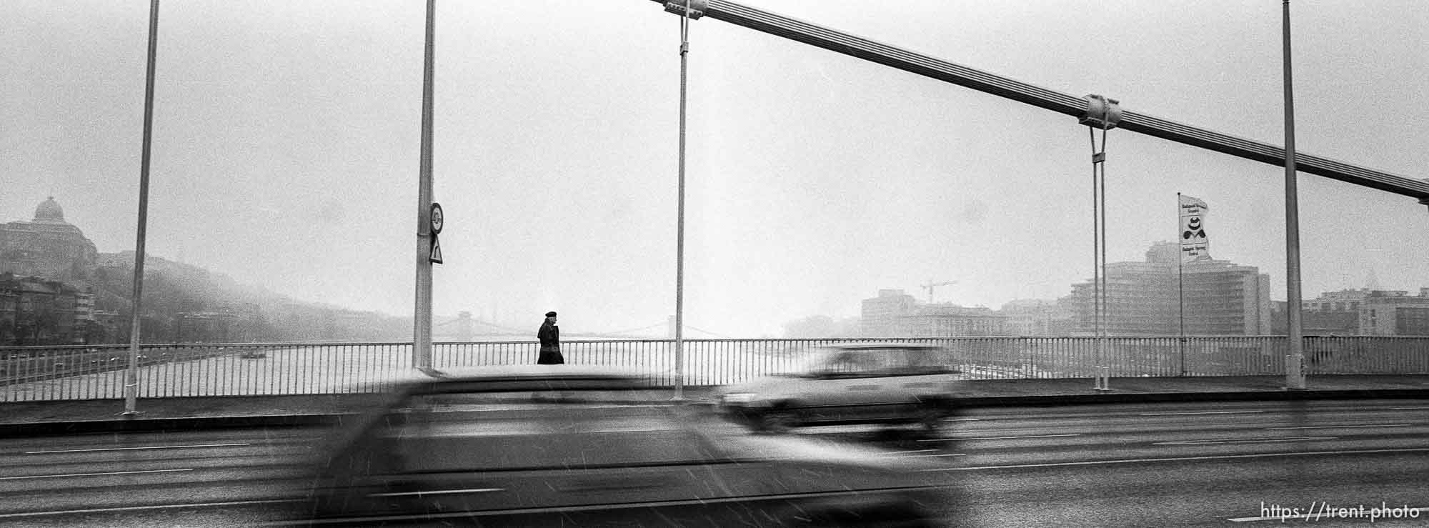 The Elizabeth Bridge, a pedestrian, and snow.