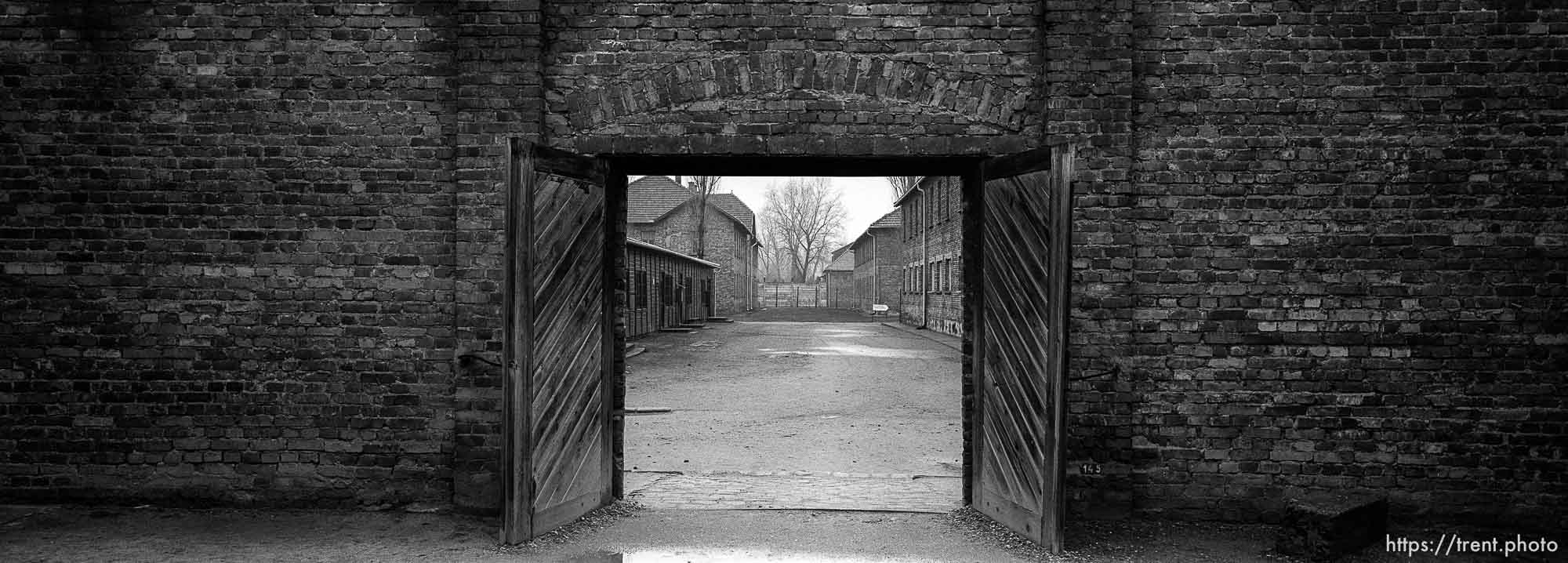 Looking out of the death block's courtyard (where the wall of death is) at the Auschwitz Concentration Camp.