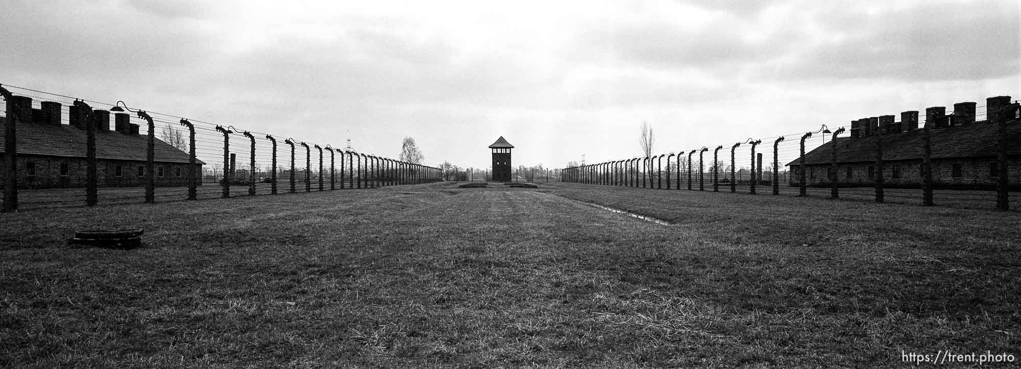 Guard tower and fences at the Birkenau Concentration Camp.