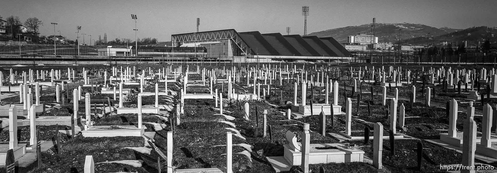 Olympic venue Zetra and the War-time cemetery at football pitch.