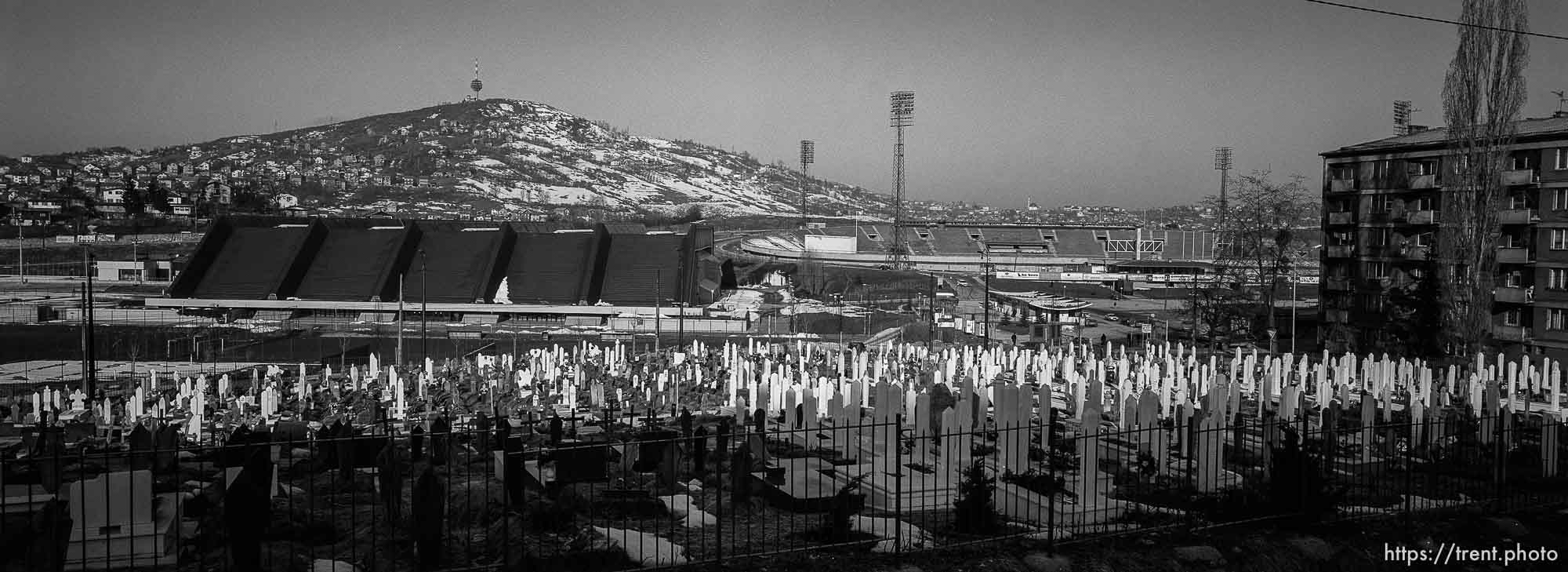 War-time cemetery at football pitch and the Zetra Olympic venue and stadium.