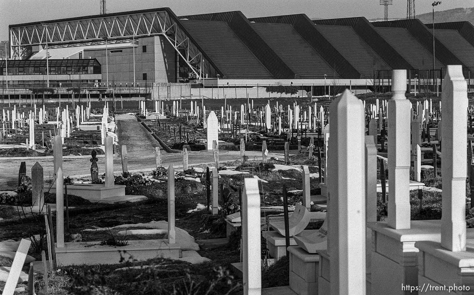 War-time cemetery on football pitch near the Zetra, Olympic venue.