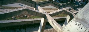 Unfinished bleachers at high school.