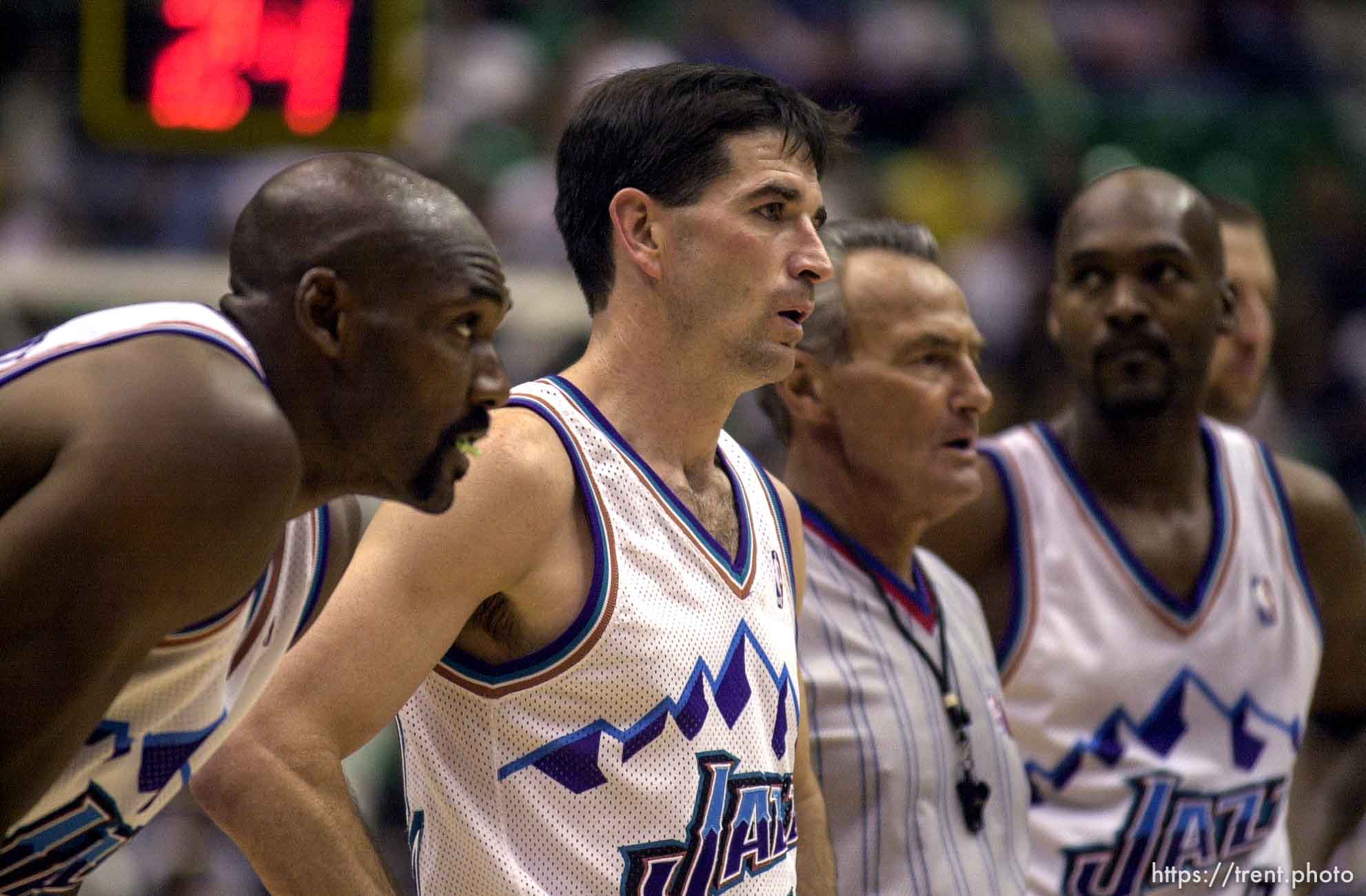 Karl Malone, John Stockton, Bryon Russell dejected at the end of Utah Jazz vs. Portland Trailblazers. Game 3, 2nd round NBA Playoffs. Trailblazers won to take 3-0 advantage in series, which they eventually won.