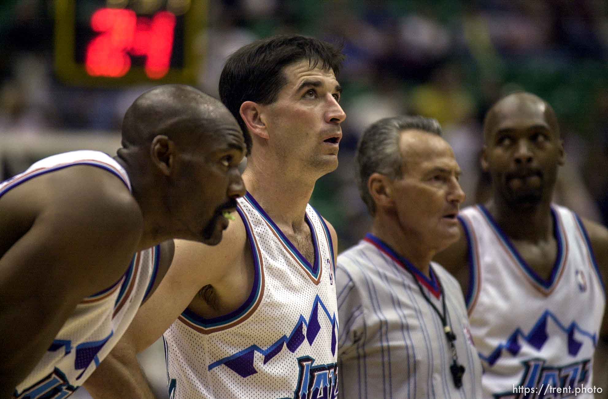 Karl Malone, John Stockton, Bryon Russell dejected at the end of Utah Jazz vs. Portland Trailblazers. Game 3, 2nd round NBA Playoffs. Trailblazers won to take 3-0 advantage in series, which they eventually won.