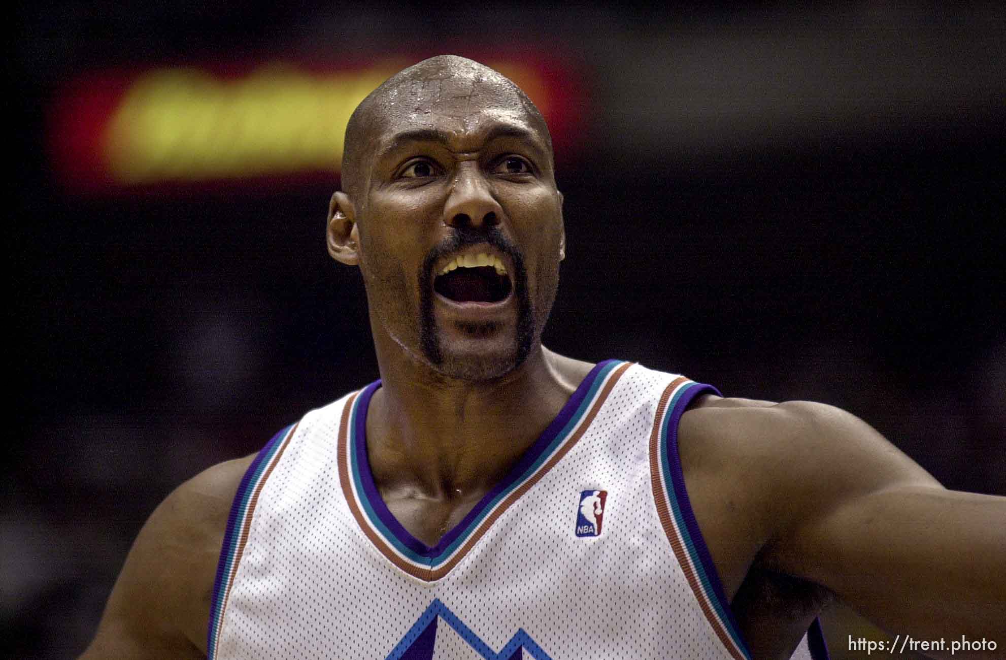 Karl Malone argues a call at Utah Jazz vs. Portland Trailblazers. Game 3, 2nd round NBA Playoffs. Trailblazers won to take 3-0 advantage in series, which they eventually won.