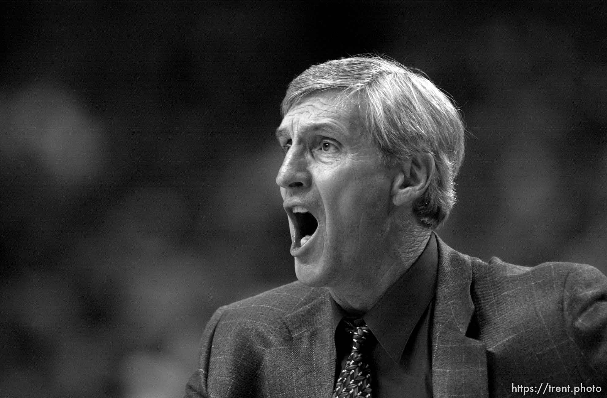 Jerry Sloan yells at Utah Jazz vs. Portland Trailblazers. Game 5, 2nd round NBA Playoffs. Trailblazers won win series.