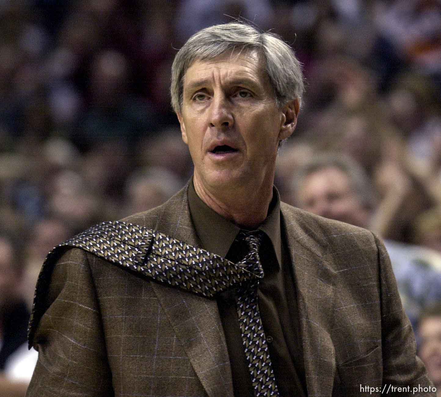 Jerry Sloan with tie all amiss at Utah Jazz vs. Portland Trailblazers. Game 5, 2nd round NBA Playoffs. Trailblazers won win series.