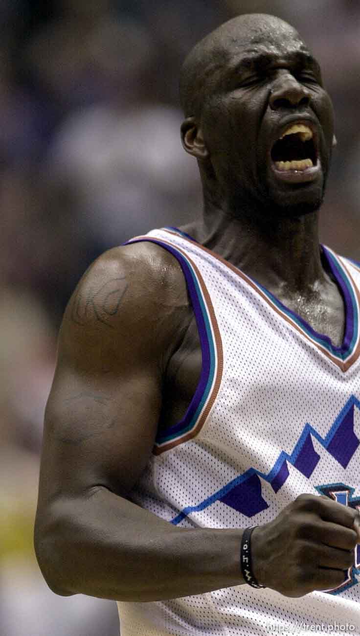 Olden Polynice yells at Jazz vs. Sonics, game 5, 1st round NBA playoffs. Jazz won.