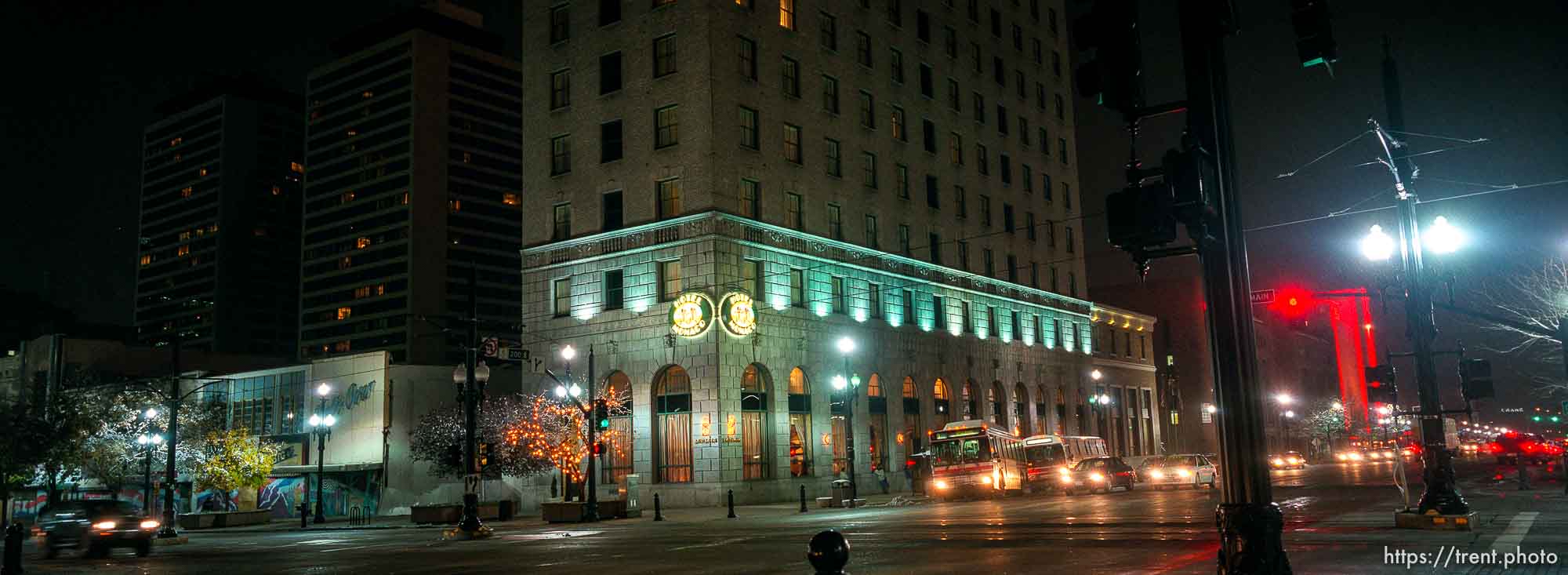 Hotel Monaco. Downtown at night, during snowstorm.