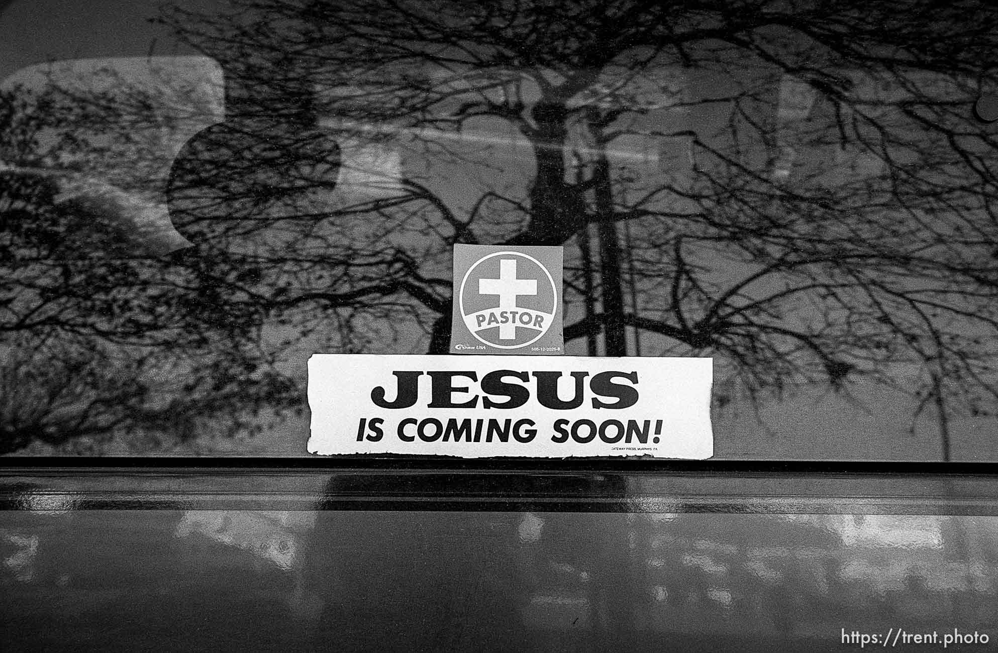 Jesus is coming soon sign on pastor's van. Thanksgiving dinner at the Salt Lake City Mission.