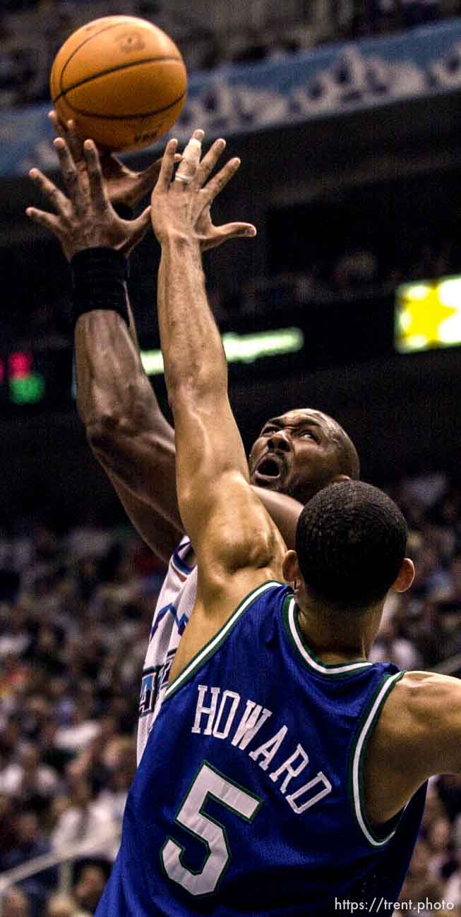 Karl Malone as the Utah Jazz face the Dallas Mavericks in game five of their first round playoff series, in Salt Lake City Thursday.