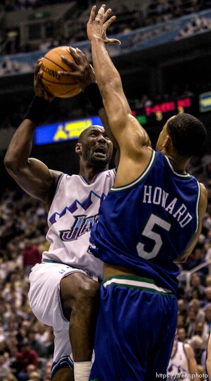 Karl Malone as the Utah Jazz face the Dallas Mavericks in game five of their first round playoff series, in Salt Lake City Thursday.