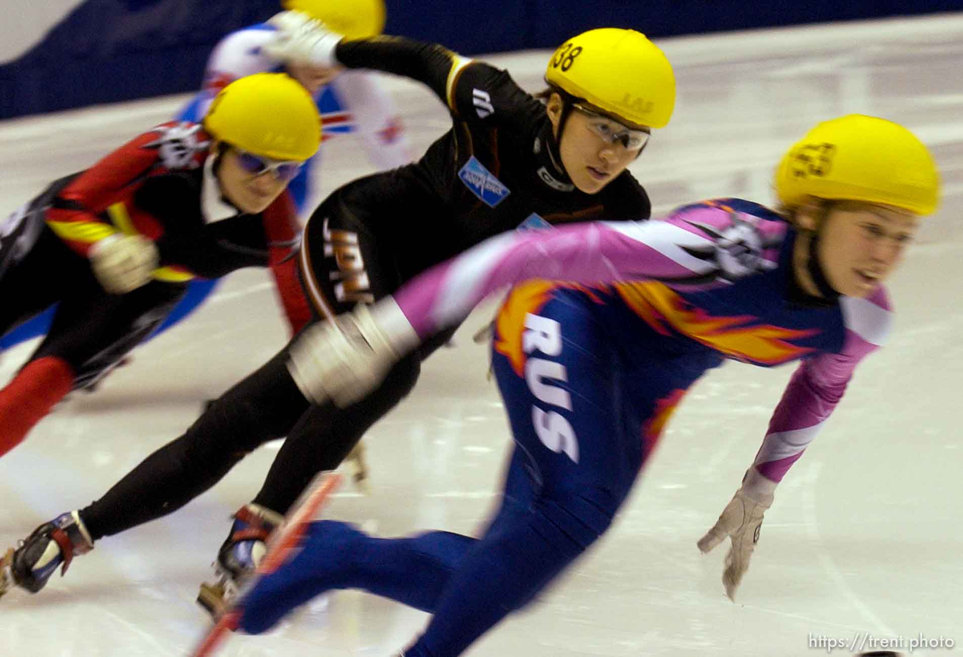 Japan's Yuka Kamino (138, center). 500 meter qualifying rounds, Short Track Olympic Qualifier at the Delta Center Friday night.
. 10/26/2001, 6:14:02 PM